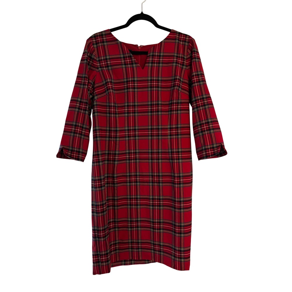Talbots Red Plaid V-Neck 3/4 Sleeve Shift Dress Sheath Size 12